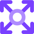 Icon für die Eigenschaft flexibel, veranschaulicht durch vier Pfeile, die von einem zentralen Punkt in verschiedene Richtungen zeigen
