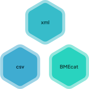 3 Hexagons mit dem Namen des jeweiligen Datenformates in sich (xml, csv, BMEcat)