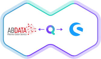 synQup's logo in the middle connects ABDATA K2 parser (left side) with Shopware 6 (right side)