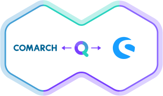 synQup's logo in the middle connects Comarch REST (left side) with Shopware 6 (right side)