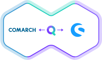 Logo von synQup in der Mitte verbindet Comarch SOAP (linke Seite) mit Shopware 6 (rechte Seite)