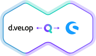 Logo von synQup in der Mitte verbindet d.velop (linke Seite) mit Shopware 6 (rechte Seite)