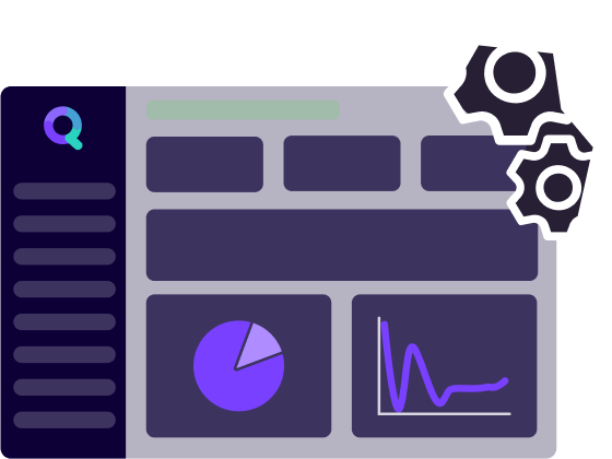 Skizziertes synQup-Dashboard mit Diagrammen und zwei Zahnrädern