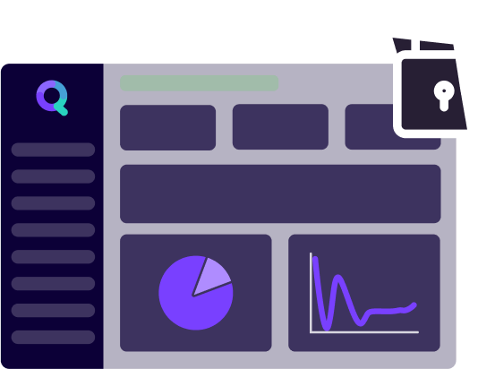 Skizziertes synQup-Dashboard mit Diagrammen und einem Sicherheitsschloss