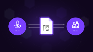 Illustration des BMEcat-Datenaustauschprozesses zwischen Industrie und Händlern mit einer zentralen Datei, die den standardisierten Austausch von Produktdaten symbolisiert.