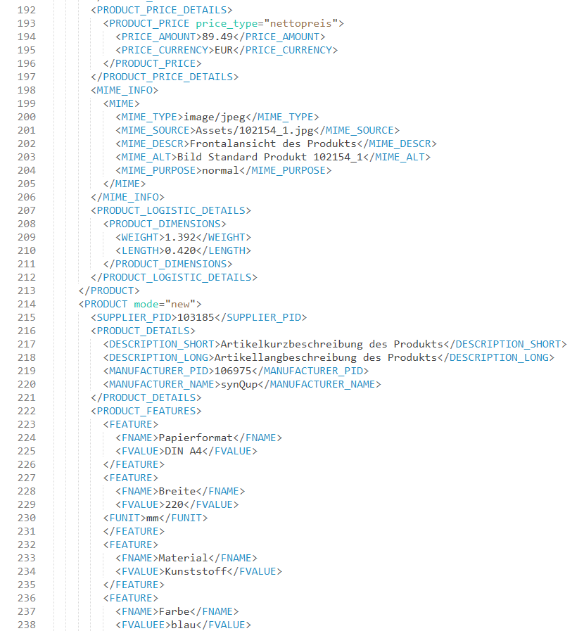 Screenshot einer BMEcat XML-Datei